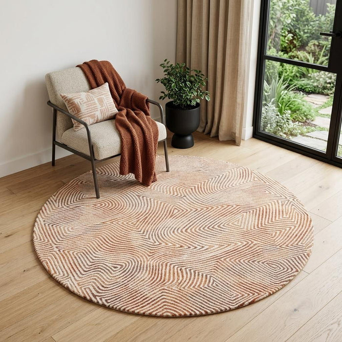 5' Geometric Washable Round Rug With UV Protection (609992) - Beige / Orange / Brown