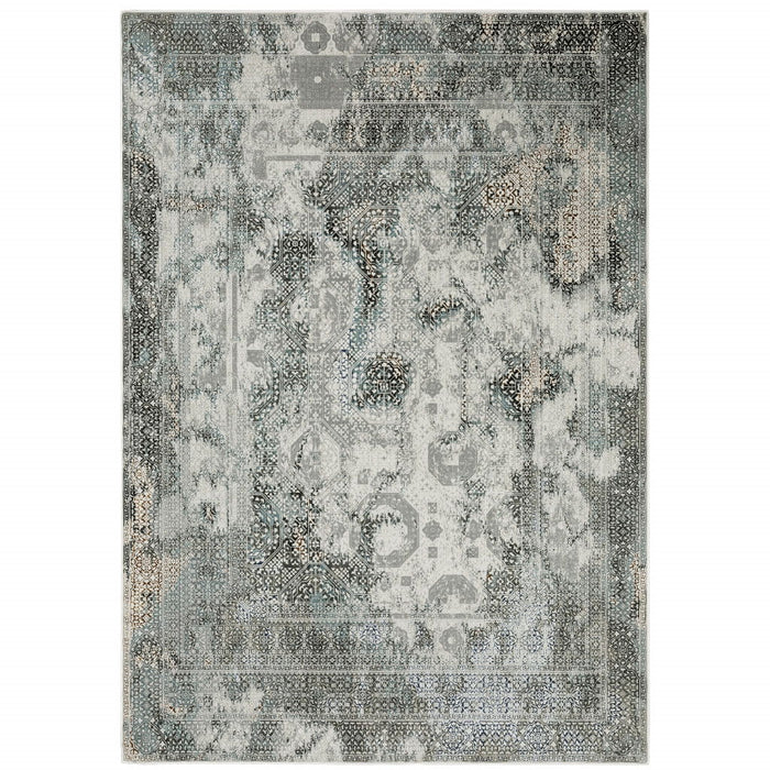 5' x 8' Oriental Power Loom Stain Resistant Area Rug - Ivory Gray Charcoal Blue And Rust