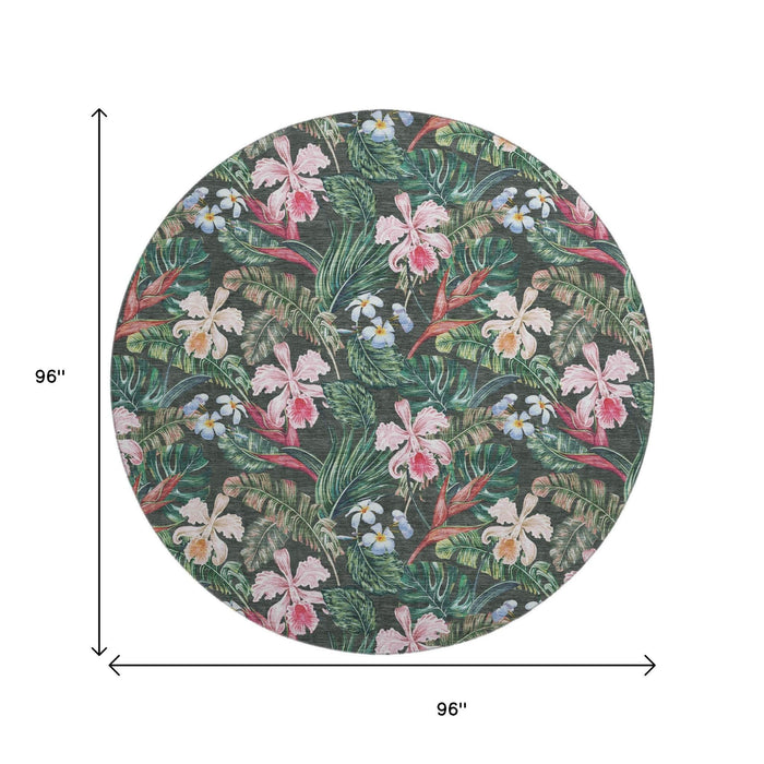 8' Geometric Washable Round Rug With UV Protection (646340) - Midnight / Green / Pink