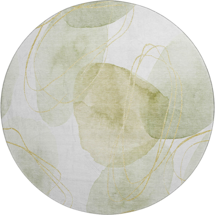 8' Abstract Washable Round Rug With UV Protection (648421) - Green / Gold / Ivory