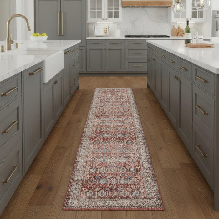 8' Oriental Distressed Non Skid Runner Rug (553229) - Ivory / Red / Blue