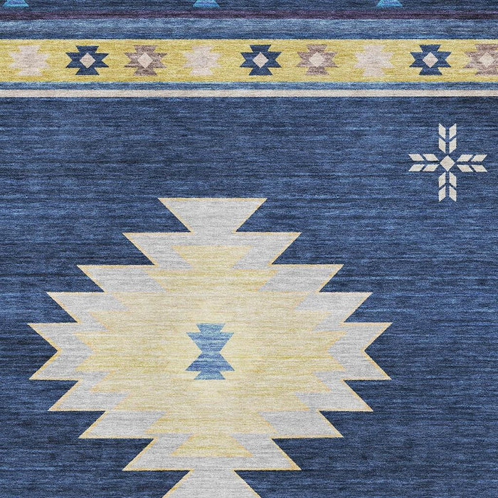 8' X 10' Geometric Washable Area Rug With UV Protection (645682) - Blue / Ivory / Gold