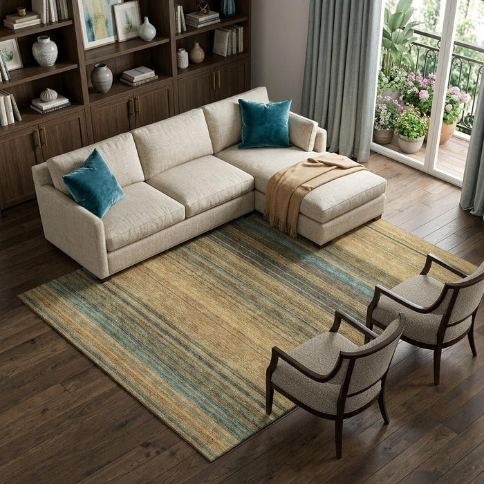10' X 14' Striped Washable Area Rug With UV Protection (677351) - Wheat / Teal / Brown