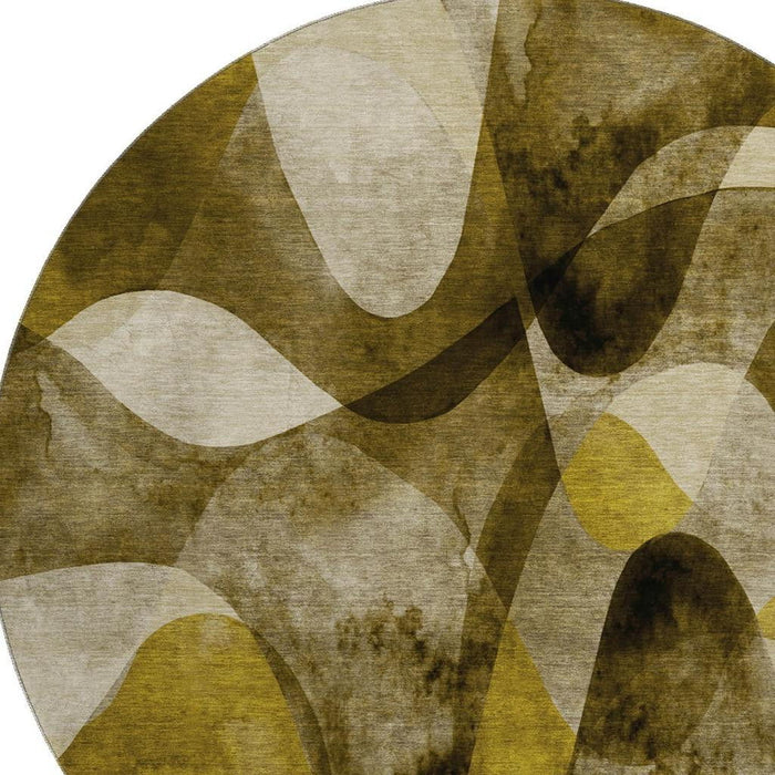 8' Abstract Washable Round Rug With UV Protection (648073) - Coffee / Gold / Ivory