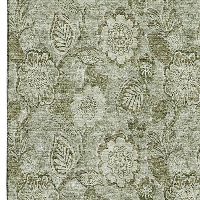 10' X 14' Floral Washable Area Rug With UV Protection (708766) - Artichoke Green / Fern Green