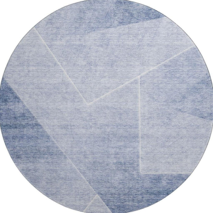 8' Geometric Washable Round Rug With UV Protection - Ivory And Blue
