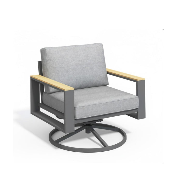 Gray Giga all-weather swivel patio dining chairs with cushions, featuring a comfortable design for outdoor dining.