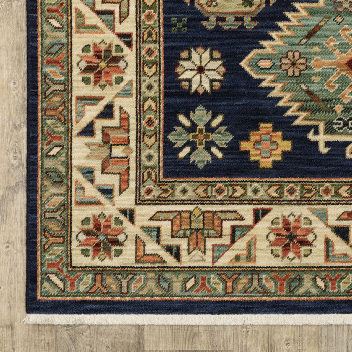 5' x 8' Oriental Power Loom Stain Resistant Area Rug With Fringe - Navy Charcoal Orange Rust Gold Pale Blue Olive Beige And Salmon