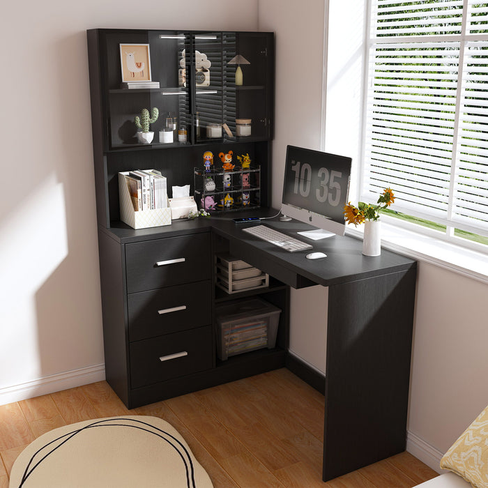Giga L-shaped computer desk with glass cabinets, built-in LED lights and USB charging ports, ideal for modern home office setups.