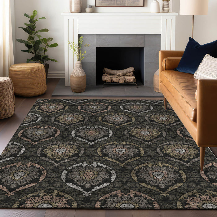 10' X 14' Medallion Washable Area Rug With UV Protection - Black / Gray