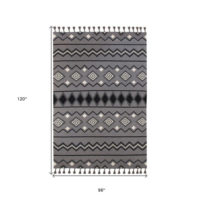 8' X 10' Wool Tribal Flatweave Handmade Area Rug With Fringe - Gray
