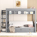 Gray Giga wood full size convertible bunk bed with storage staircase, bedside table, and three drawers, showcasing its functional design.