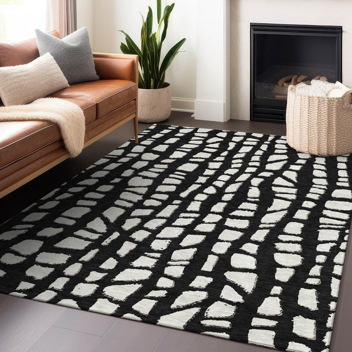 10' X 14' Cobblestone Washable Area Rug With UV Protection - Black And Ivory