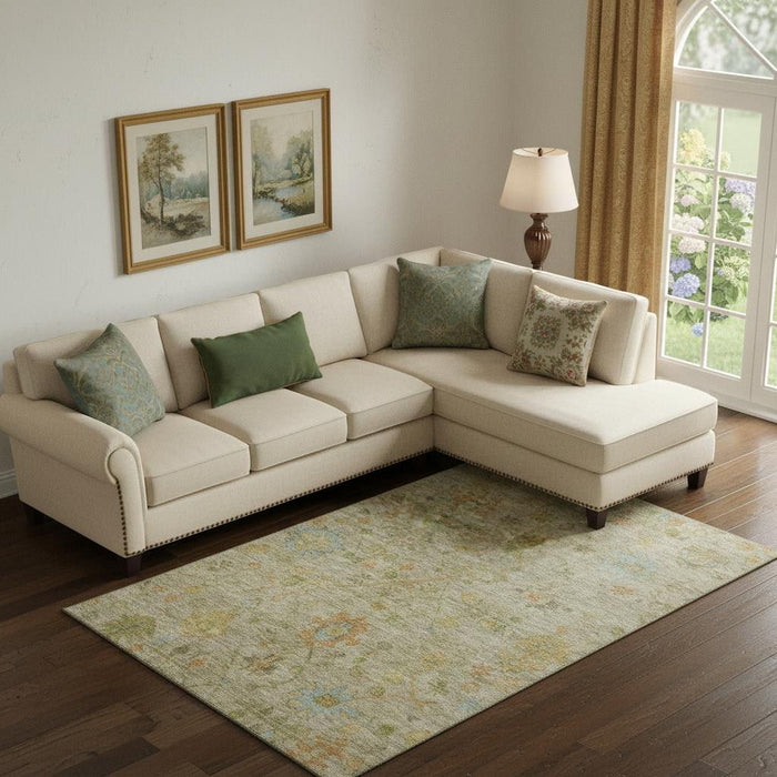 10' X 14' Floral Washable Area Rug With UV Protection (708433) - Khaki / Gold / Blue
