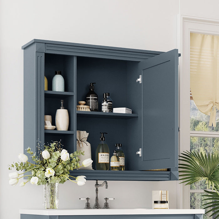 Giga wall-mounted bathroom medicine cabinet with mirror, six open shelves, and adjustable interior storage for bathroom essentials.
