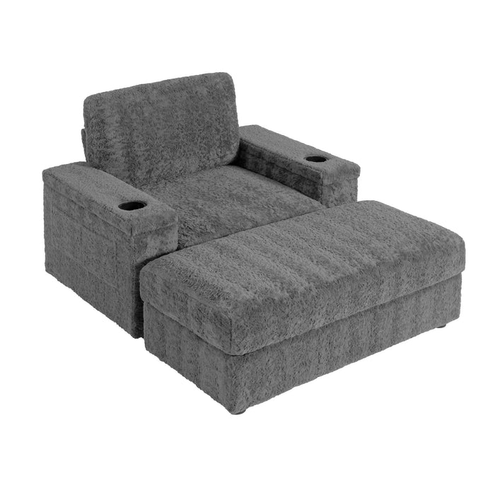 Giga oversized stationary chaise lounge with rabbit fur upholstery, storage ottoman, armrests, cup holders, and deep seat.