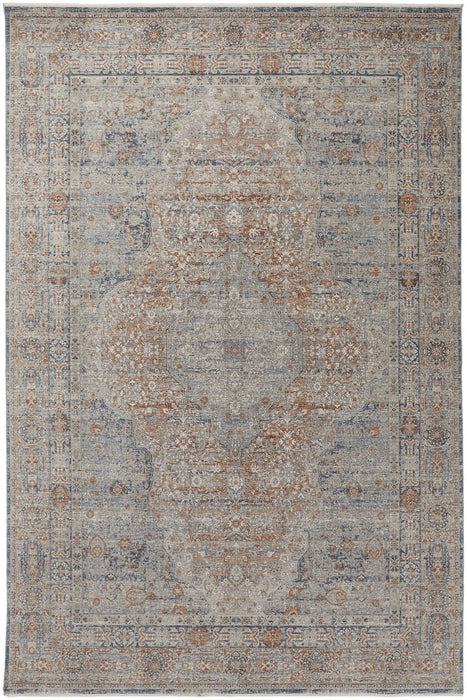 8' x 10' Oriental Power Loom Worn Faded Area Rug With Fringe - Gray Ivory And Orange
