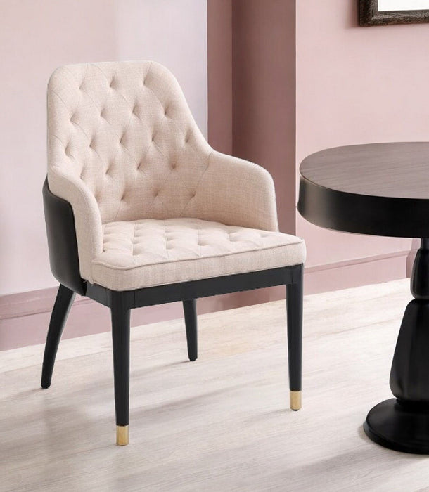 Tufted And Upholstered Fabric Dining Arm Chair - Beige / Black