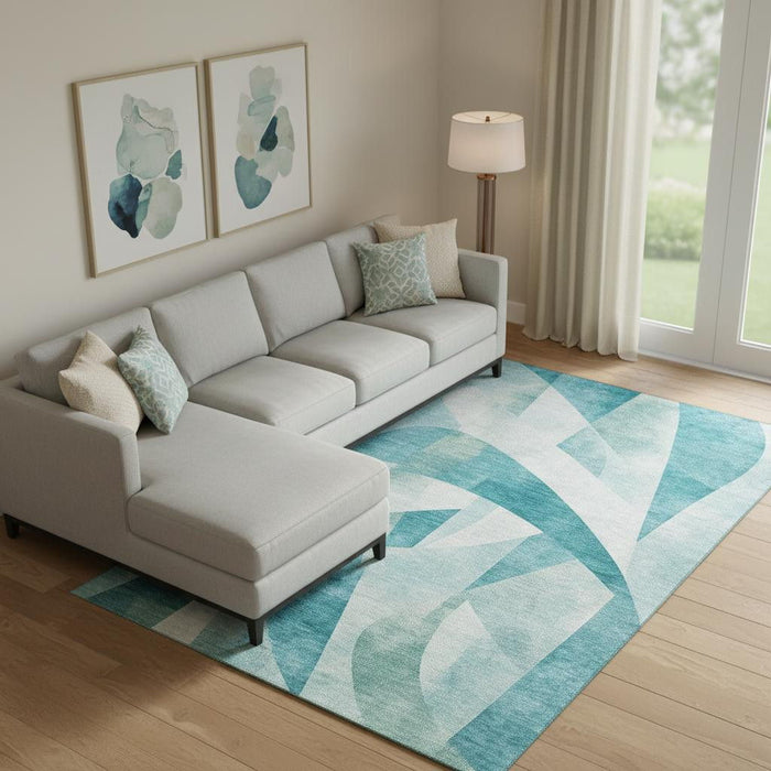 10' X 14' Abstract Geometric Washable Area Rug With UV Protection (705287) - Teal / Ivory