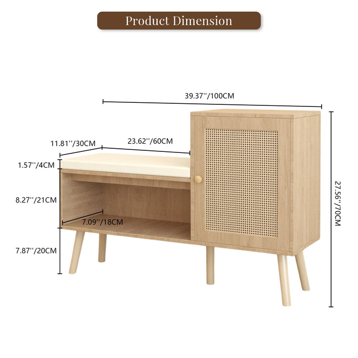Giga 2-in-1 shoe storage bench with adjustable shelves in antique natural finish and rattan accents, perfect for organizing footwear.