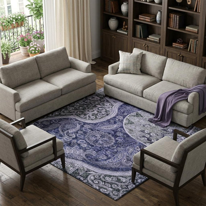 10' X 14' Paisley Washable Area Rug With UV Protection (683746) - Navy Blue / Charcoal / Gray