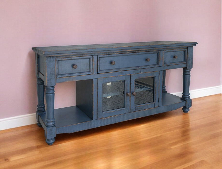Solid Wood Open Shelving Distressed TV Stand - Blue