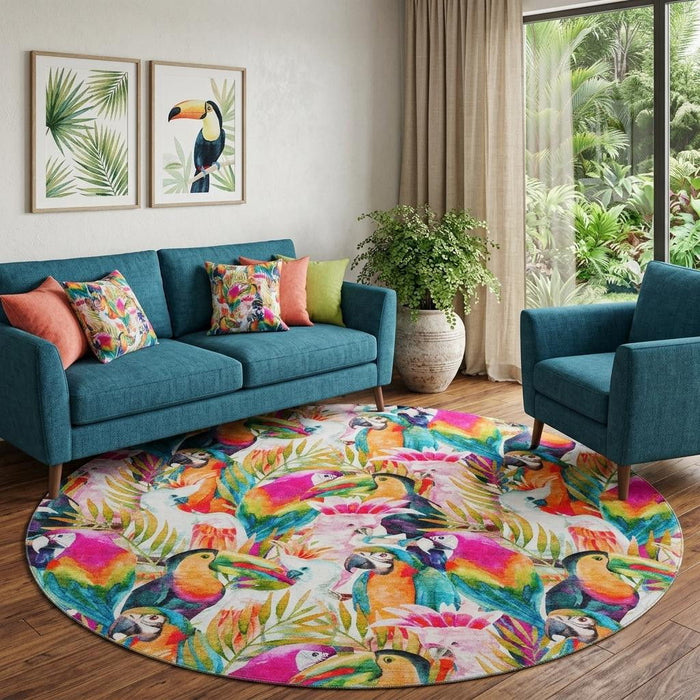 8' Geometric Washable Round Rug With UV Protection (646334) - Rainbow / Ivory