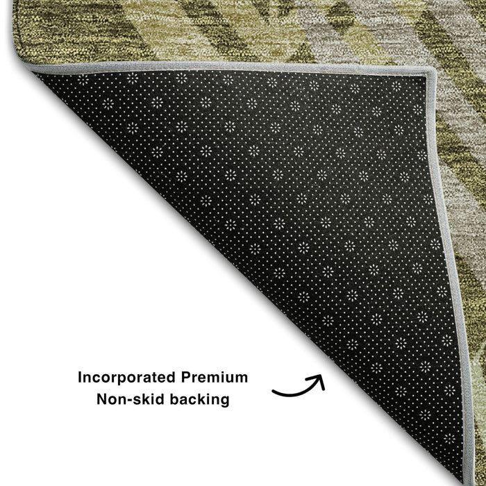 8' Floral Washable Round Rug With UV Protection - Olive Green