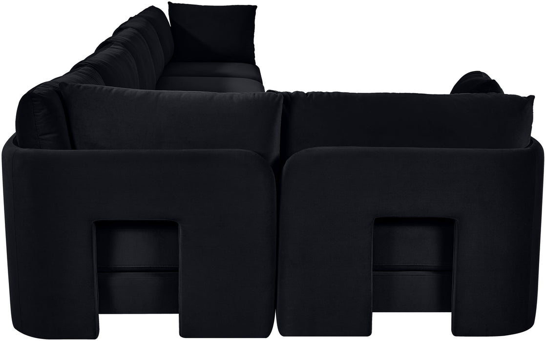Meridian Furniture velvet upholstered 6-piece L-shaped sectional sofa with plush cushions and modern design, perfect for living rooms.