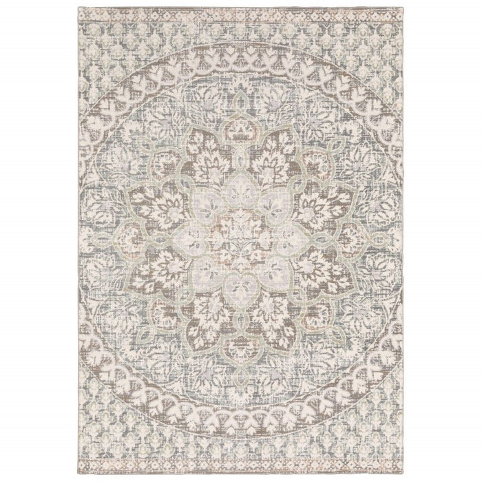 9' x 12' Distresed Oversize Medallion Indoor Area Rug - Ivory Gray