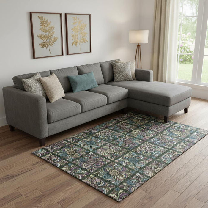 10' X 14' Medallion Washable Area Rug With UV Protection (667691) - Fern Green / Purple / Teal