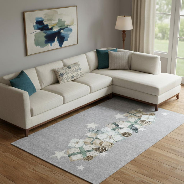 10' X 14' Geometric Washable Area Rug With UV Protection (702365) - Gray / Beige / Blue
