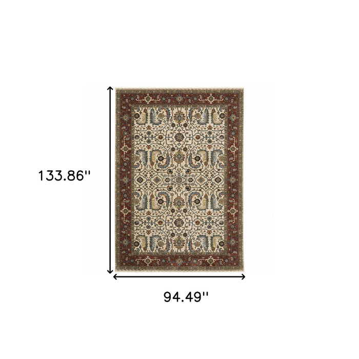 8' x 11' Oriental Power Loom Area Rug With Fringe - Red And Ivory