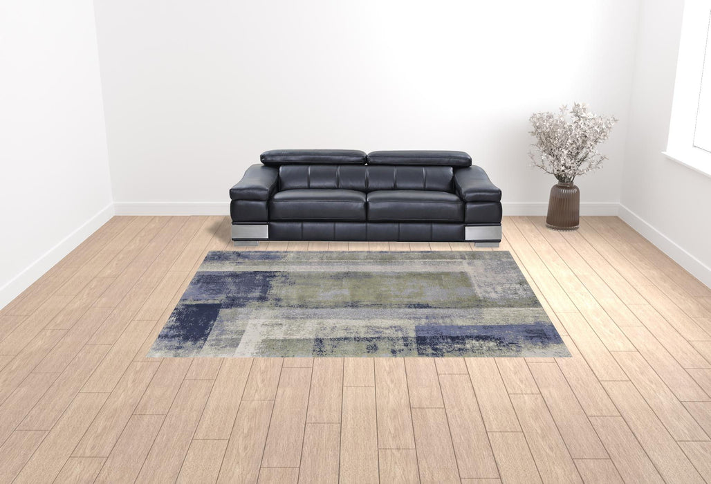 9' x 12' Abstract Power Loom Distressed Area Rug - Blue Green And Ivory