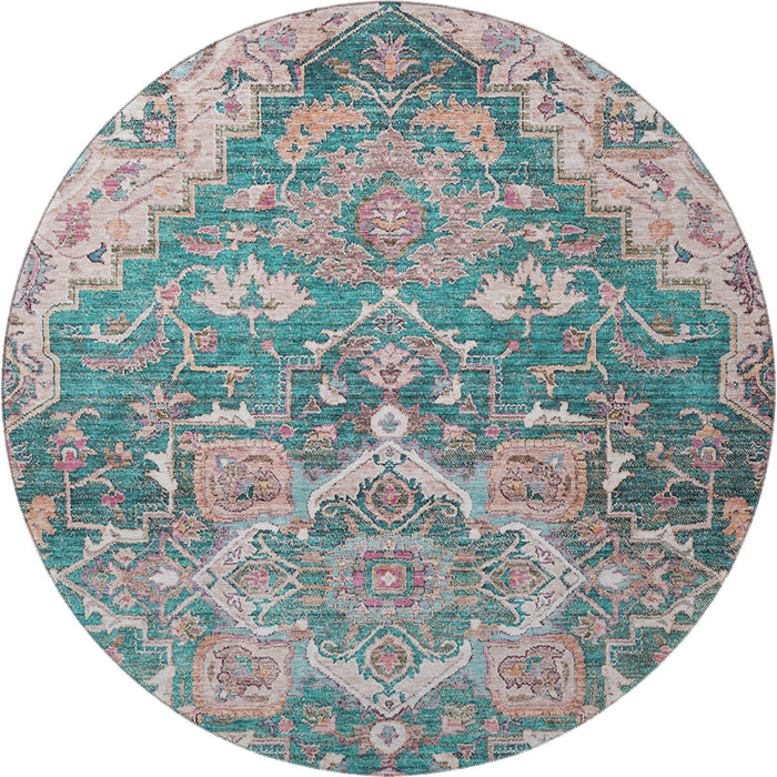 8' Floral Medallion Washable Round Rug With UV Protection - Emerald