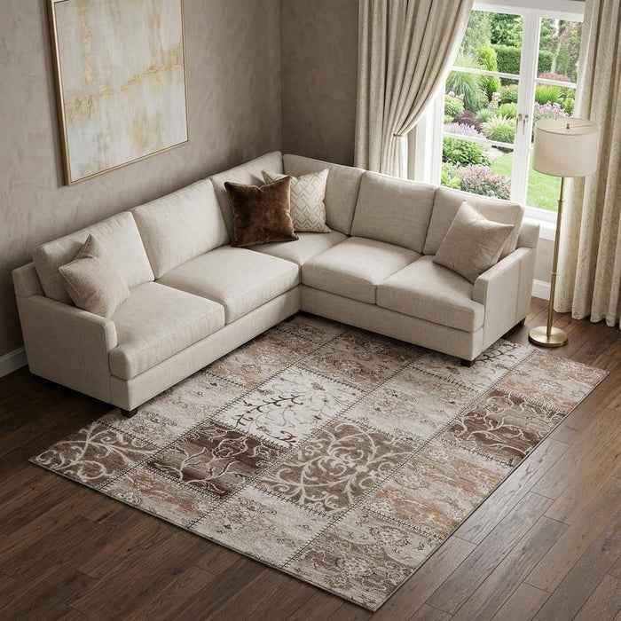 9' X 12' Patchwork Distressed Washable Area Rug With UV Protection (649551) - Beige / Ivory