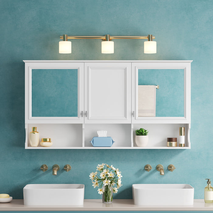Giga wall-mounted white medicine cabinet with adjustable shelves and open storage, ideal for bathroom over toilet.