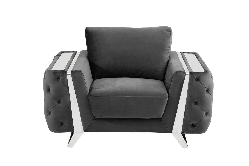 Velvet Tufted Arm Chair - Dark Gray And Silver