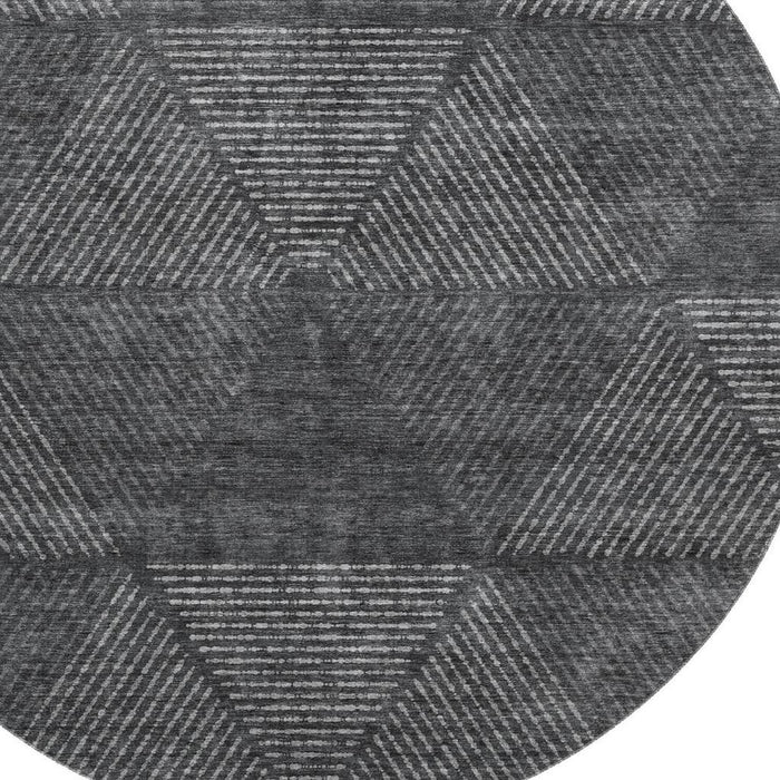 8' Geometric Washable Round Rug With UV Protection - Charcoal And Silver