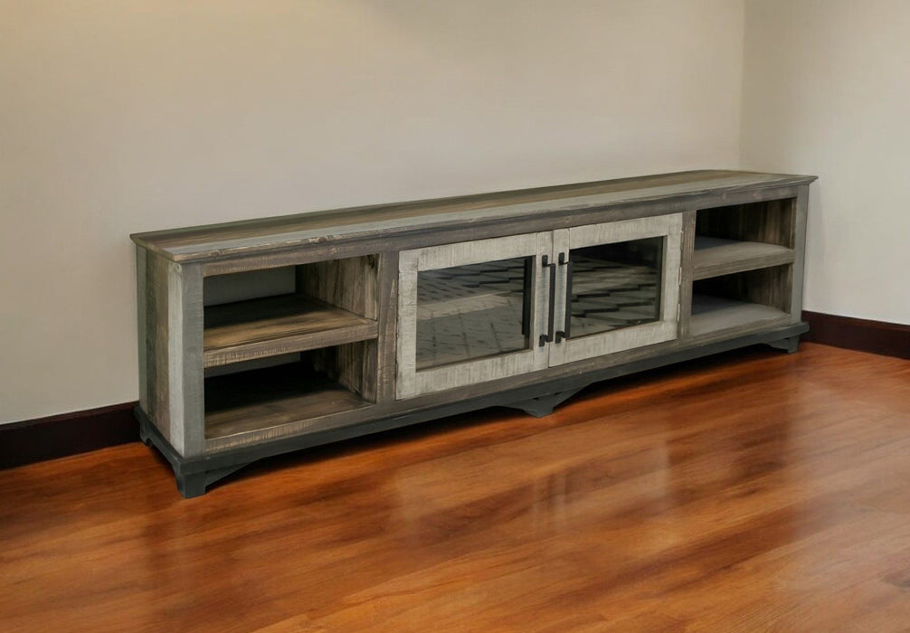 Brown distressed wooden TV stand with enclosed cabinet storage, featuring a rustic design and multiple compartments for media devices.