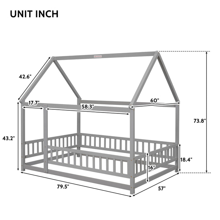Giga wooden canopy bed with house roof frame and fence guardrails, featuring a cozy, rustic design and natural wood finish.