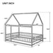 Giga wooden canopy bed with house roof frame and fence guardrails, featuring a cozy, rustic design and natural wood finish.