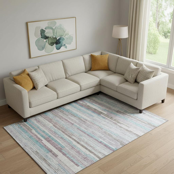 10' X 14' Striped Washable Area Rug With UV Protection (710604) - Teal / Beige / Ivory