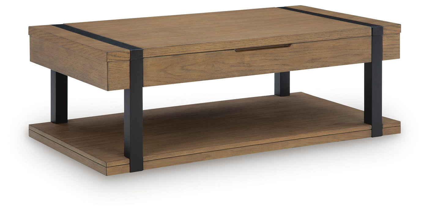 Signature Design by Ashley Jorannti living room end table with wooden finish and modern design, placed next to a sofa.