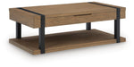 Signature Design by Ashley Jorannti living room end table with wooden finish and modern design, placed next to a sofa.