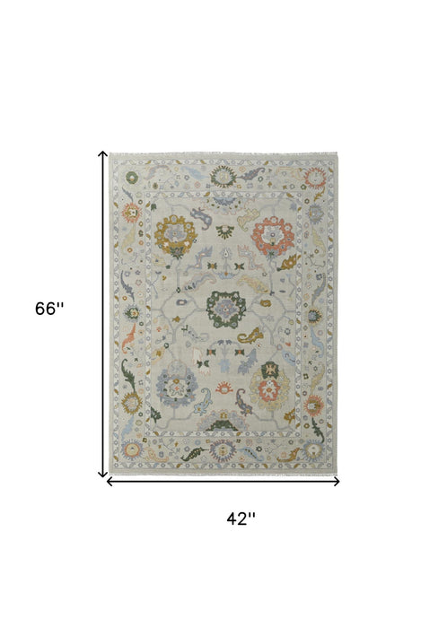 4' x 6' Wool Floral Hand Knotted Area Rug With Fringe - Gray Ivory And Gold