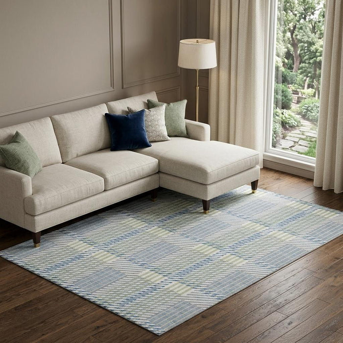 10' X 14' Plaid Washable Area Rug With UV Protection (678712) - Denim Blue / Ivory / Gray
