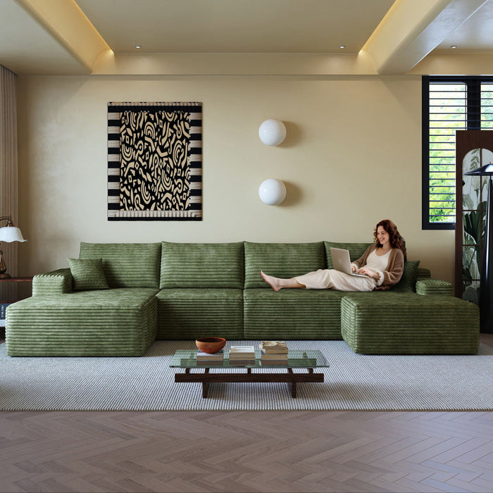 135" 2 Piece Living Room Set Corduroy Modular Compression Foam Sofa With Ottoman Toss Pillows - Green