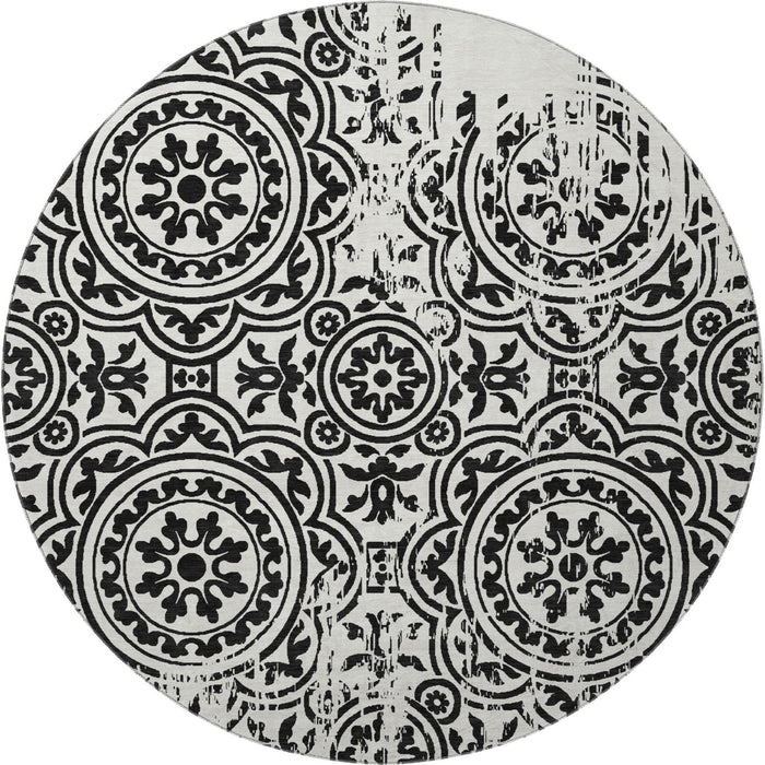 8' Medallion Washable Round Rug With UV Protection - Black And Ivory