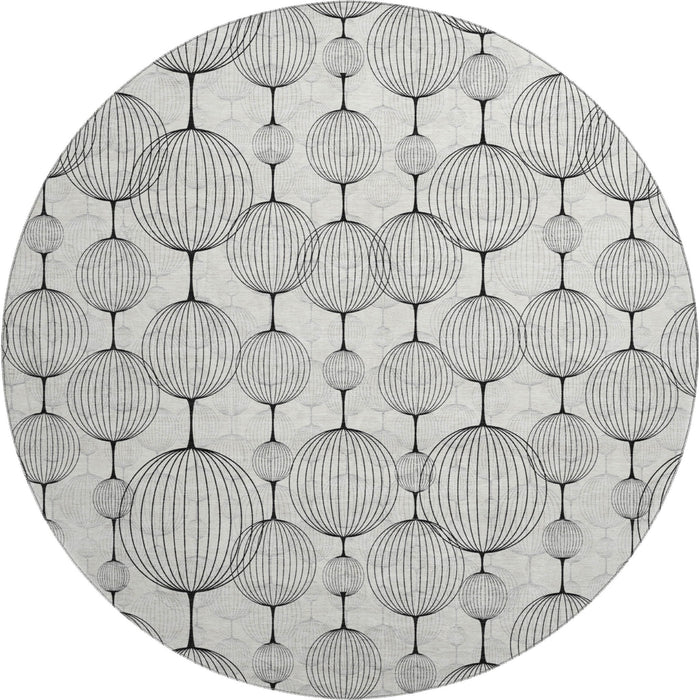 8' Geometric Washable Round Rug With UV Protection - Graphite And Silver
